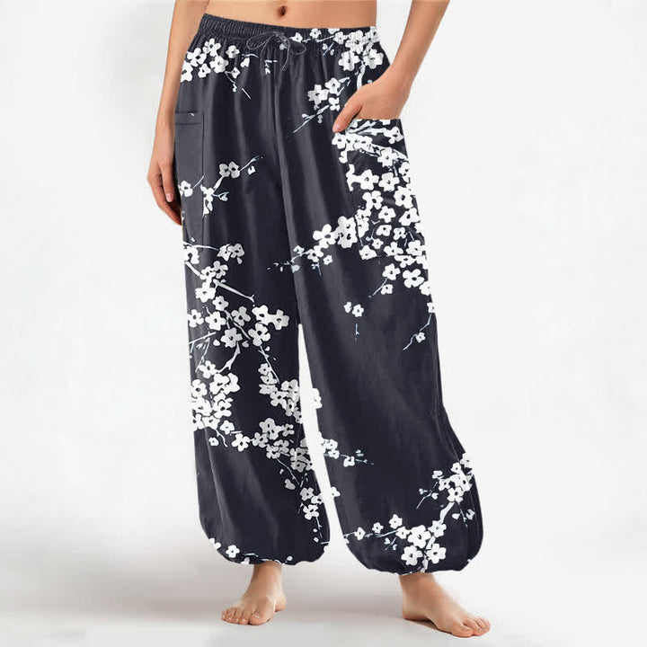 Buddha Stones Pantalones harem de algodón blanco con estampado de flores de ciruelo y cintura elástica para mujer, con bolsillos laterales. - Negro - US16，UK/AU20，EU48 (3XL) - image 10