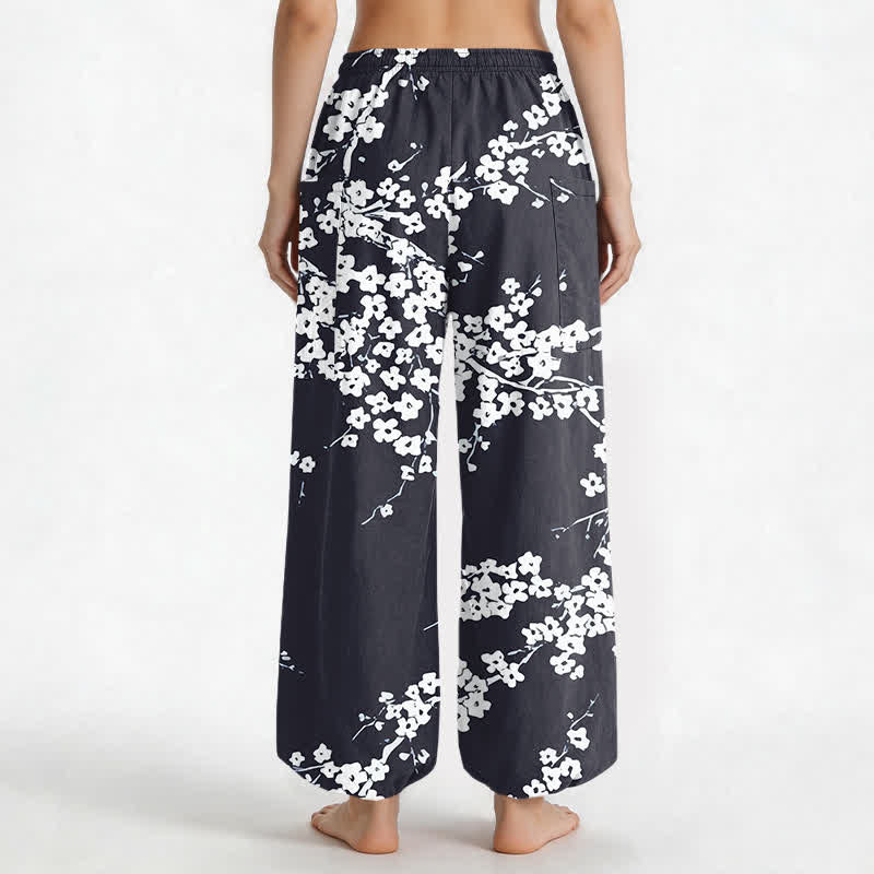 Buddha Stones Pantalones harem de algodón blanco con estampado de flores de ciruelo y cintura elástica para mujer, con bolsillos laterales. - image 12
