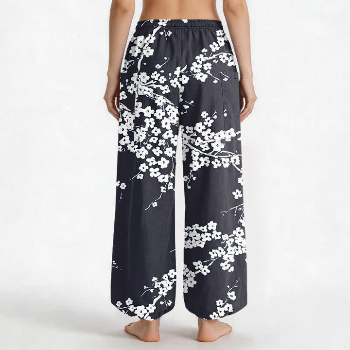 Buddha Stones Pantalones harem de algodón blanco con estampado de flores de ciruelo y cintura elástica para mujer, con bolsillos laterales. - image 12