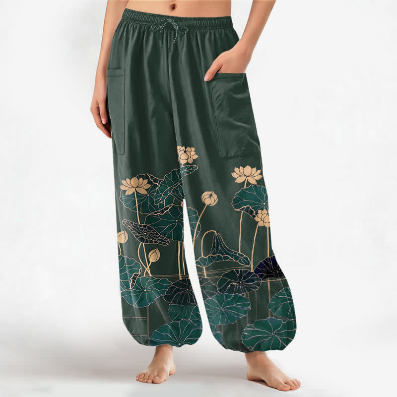 Buddha Stones Pantalones harem de algodón con estampado de jardín de lotos zen y cintura elástica para mujer, con bolsillos laterales. - Verde oscuro - US16，UK/AU20，EU48 (3XL) - image 0
