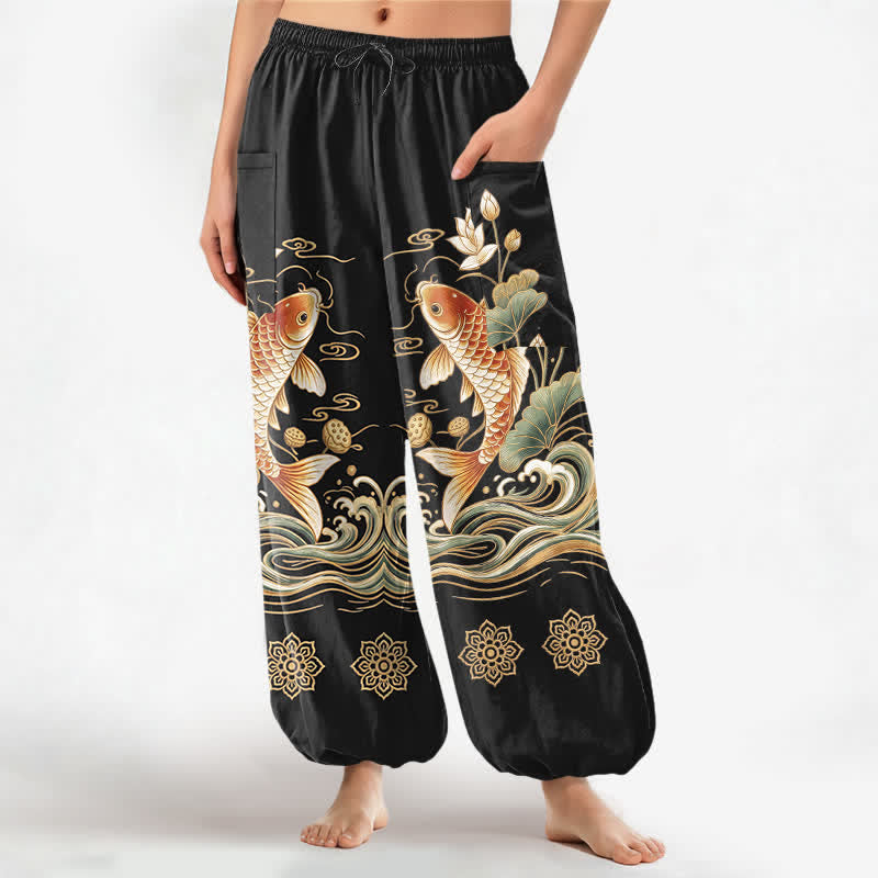 Buddha Stones Pantalones harem de algodón dorado con estampado de olas de loto koi para mujer, cintura elástica y bolsillos laterales. - Negro - US16，UK/AU20，EU48 (3XL) - image 0