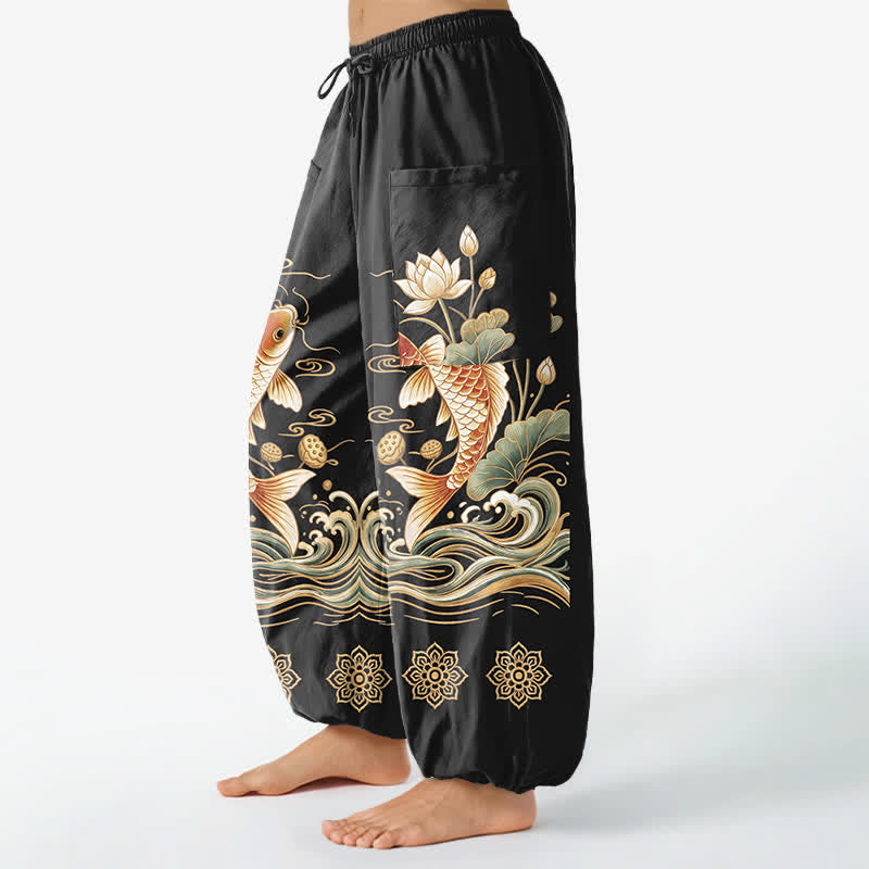 Buddha Stones Pantalones harem de algodón dorado con estampado de olas de loto koi para mujer, cintura elástica y bolsillos laterales. - image 1