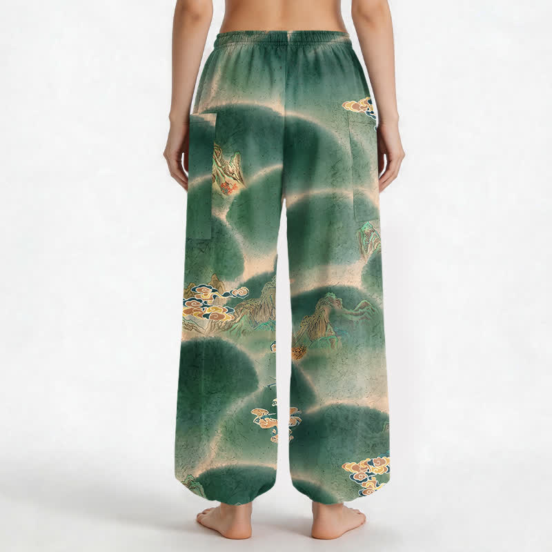 Buddha Stones Pantalones harem de mujer con cintura elástica y bolsillos laterales, estampado de paisaje brumoso de algodón. - image 2