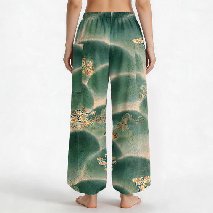 Buddha Stones Pantalones harem de mujer con cintura elástica y bolsillos laterales, estampado de paisaje brumoso de algodón. - image 2