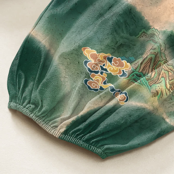 Buddha Stones Pantalones harem de mujer con cintura elástica y bolsillos laterales, estampado de paisaje brumoso de algodón. - image 6