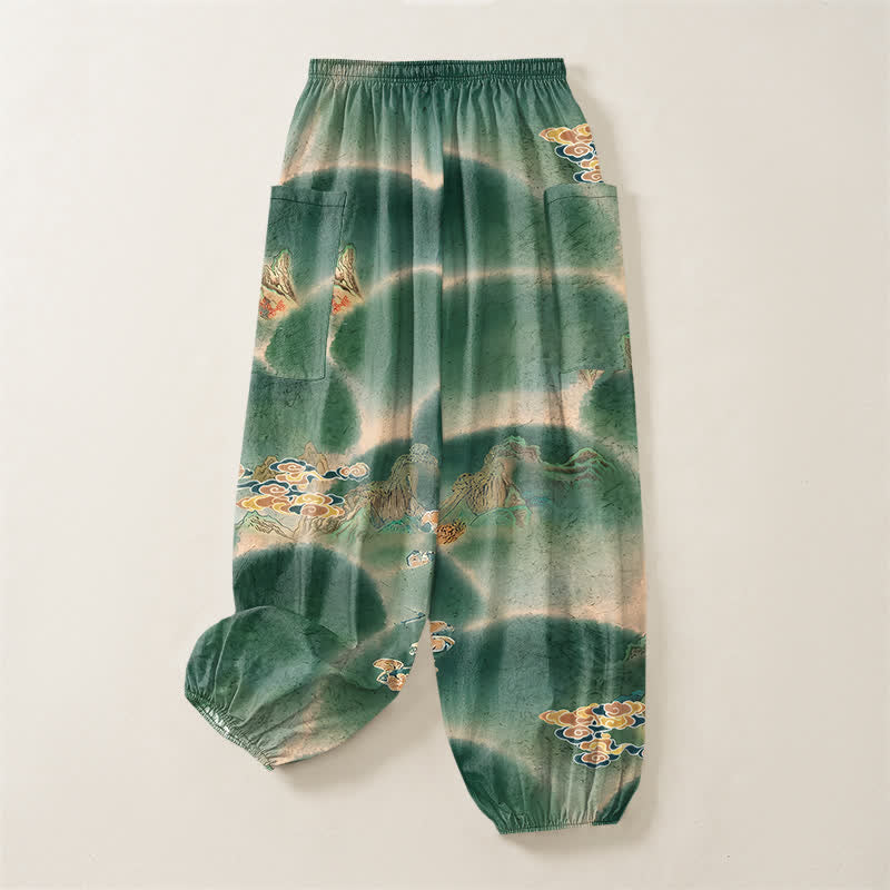 Buddha Stones Pantalones harem de mujer con cintura elástica y bolsillos laterales, estampado de paisaje brumoso de algodón. - image 4