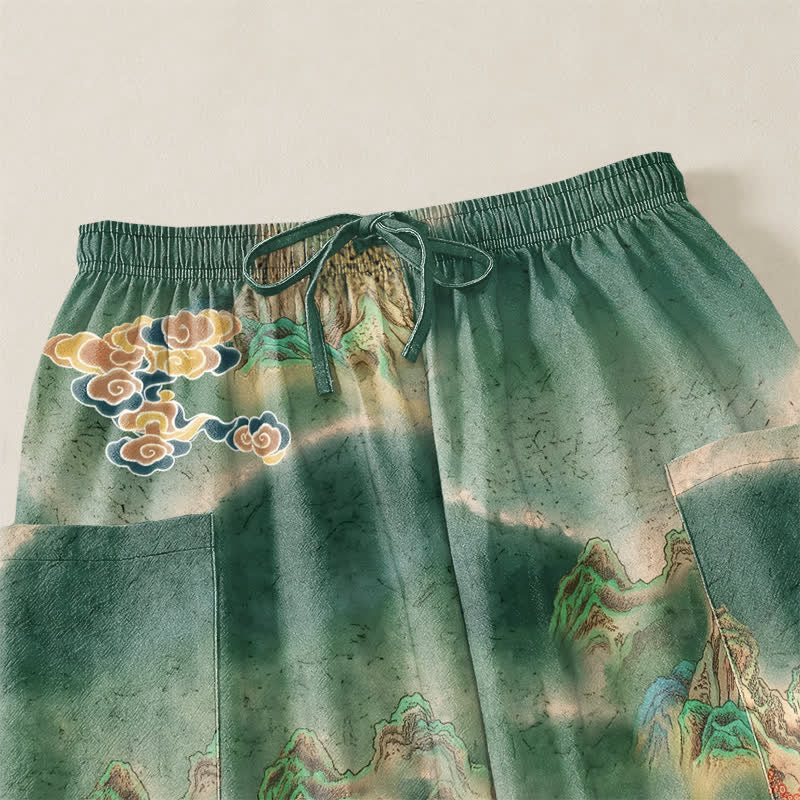 Buddha Stones Pantalones harem de mujer con cintura elástica y bolsillos laterales, estampado de paisaje brumoso de algodón. - image 5