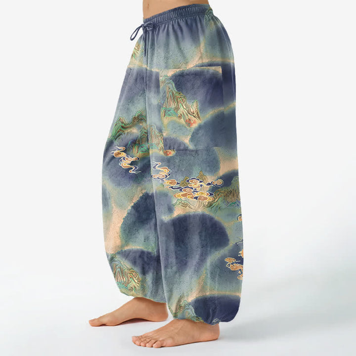 Buddha Stones Pantalones harem de mujer con cintura elástica y bolsillos laterales, estampado de paisaje brumoso de algodón. - image 8