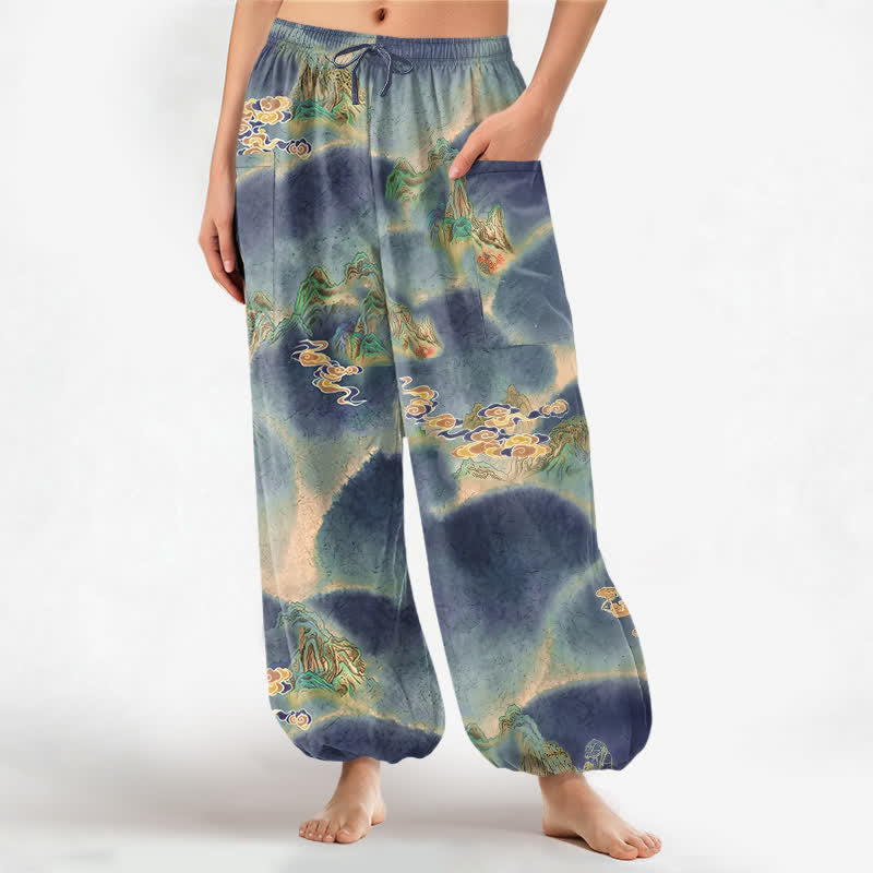 Buddha Stones Pantalones harem de mujer con cintura elástica y bolsillos laterales, estampado de paisaje brumoso de algodón. - Azul acero - US16，UK/AU20，EU48 (3XL) - image 7