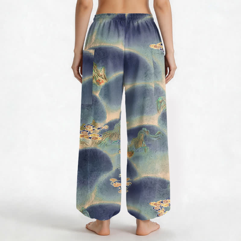 Buddha Stones Pantalones harem de mujer con cintura elástica y bolsillos laterales, estampado de paisaje brumoso de algodón. - image 9