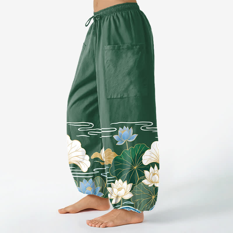 Buddha Stones Pantalones harem de algodón con estampado de hojas de loto y ondas, cintura elástica y bolsillos laterales para mujer. - image 1