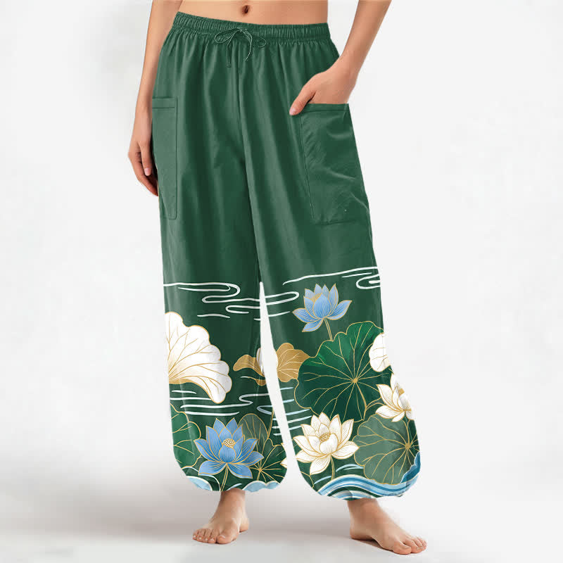 Buddha Stones Pantalones harem de algodón con estampado de hojas de loto y ondas, cintura elástica y bolsillos laterales para mujer. - Verde bosque - US16，UK/AU20，EU48 (3XL) - image 0
