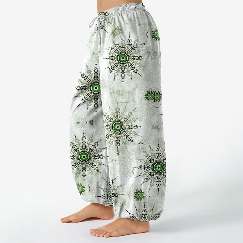 Buddha Stones Pantalones harem de algodón estilo bohemio con estampado geométrico de medallones y cintura elástica para mujer, con bolsillos laterales. - image 1