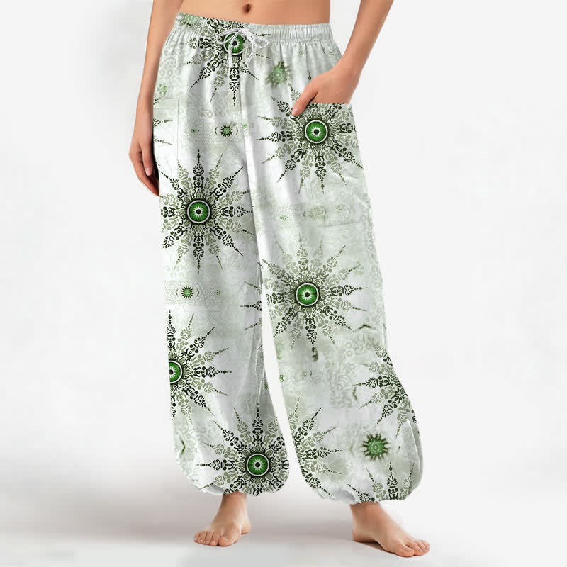 Buddha Stones Pantalones harem de algodón estilo bohemio con estampado geométrico de medallones y cintura elástica para mujer, con bolsillos laterales. - Gotas de miel - US16，UK/AU20，EU48 (3XL) - image 0
