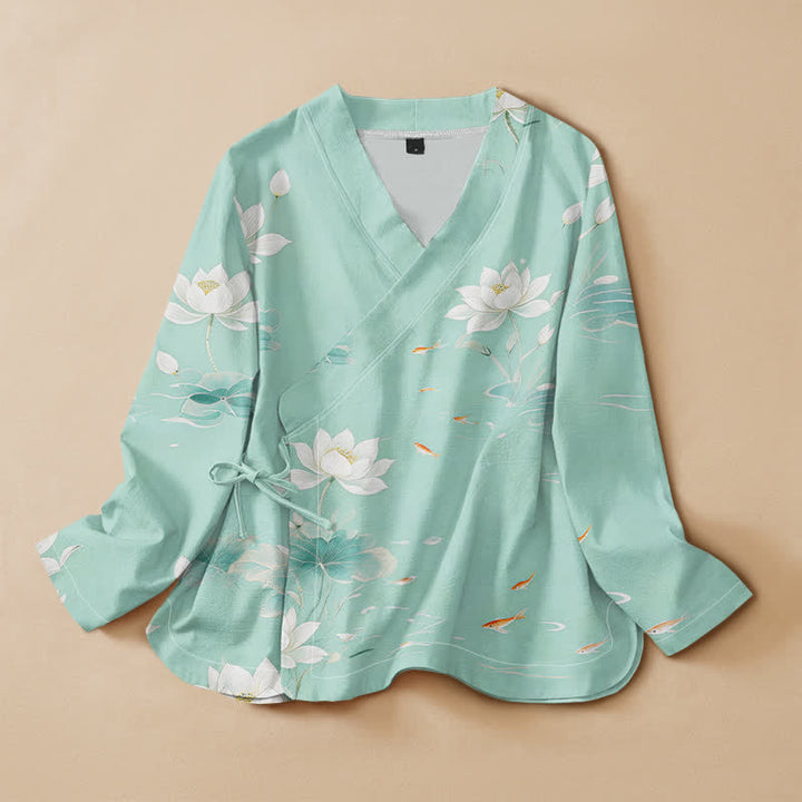 Buddha Stones Camisa de manga larga estilo Hanfu con cuello en V y cordones, de algodón y estampado de peces koi. - Turquesa pálido - US16，UK/AU20，EU48 (3XL) - image 0