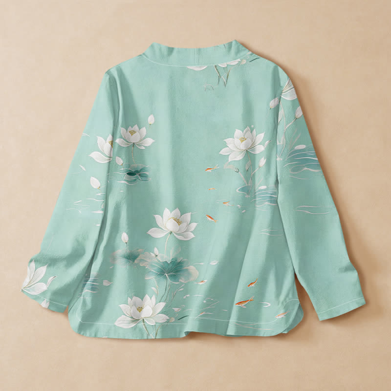 Buddha Stones Camisa de manga larga estilo Hanfu con cuello en V y cordones, de algodón y estampado de peces koi. - image 1