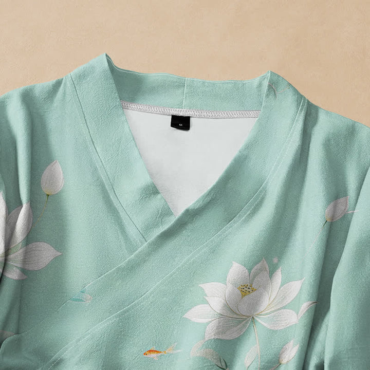 Buddha Stones Camisa de manga larga estilo Hanfu con cuello en V y cordones, de algodón y estampado de peces koi. - image 2