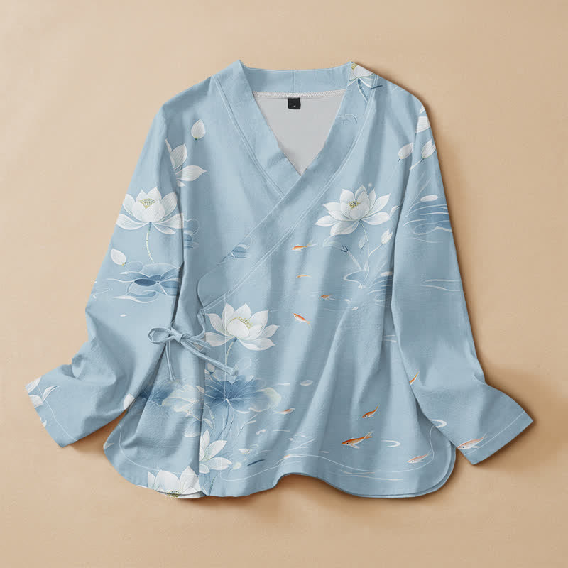 Buddha Stones Camisa de manga larga estilo Hanfu con cuello en V y cordones, de algodón y estampado de peces koi. - Azul claro - US16，UK/AU20，EU48 (3XL) - image 5