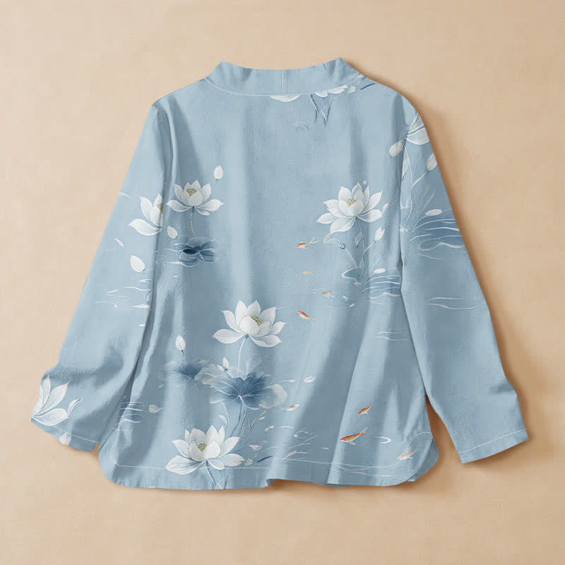 Buddha Stones Camisa de manga larga estilo Hanfu con cuello en V y cordones, de algodón y estampado de peces koi. - image 6