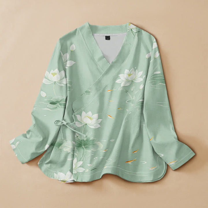Buddha Stones Camisa de manga larga estilo Hanfu con cuello en V y cordones, de algodón y estampado de peces koi. - Verde pálido - US16，UK/AU20，EU48 (3XL) - image 7