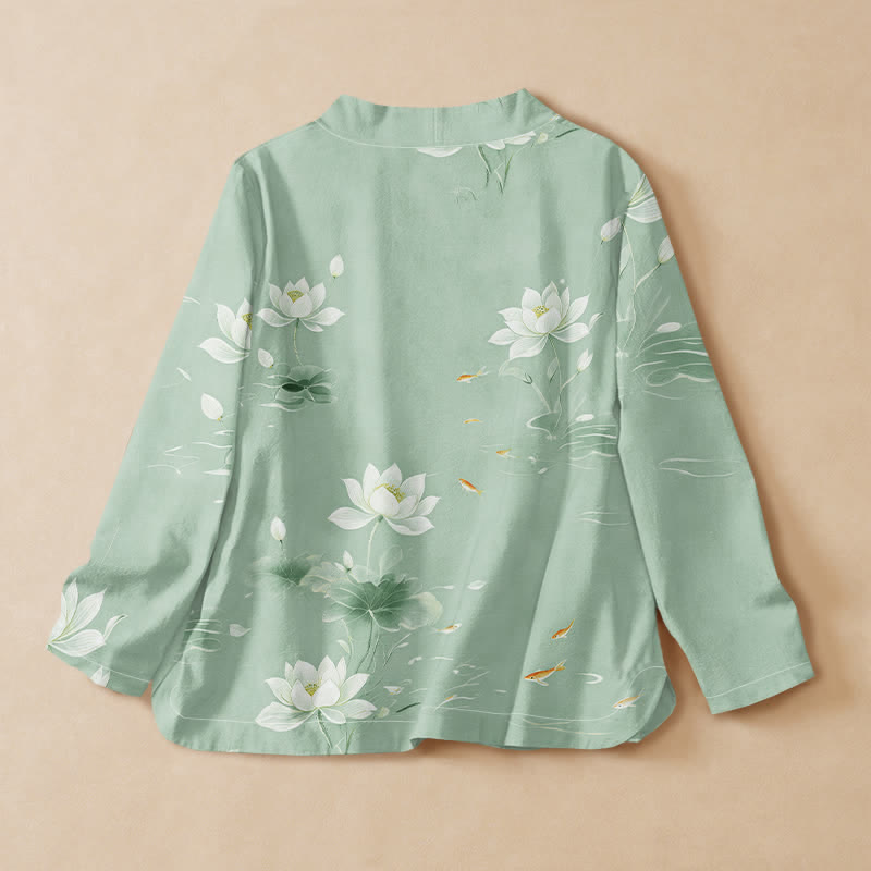 Buddha Stones Camisa de manga larga estilo Hanfu con cuello en V y cordones, de algodón y estampado de peces koi. - image 8