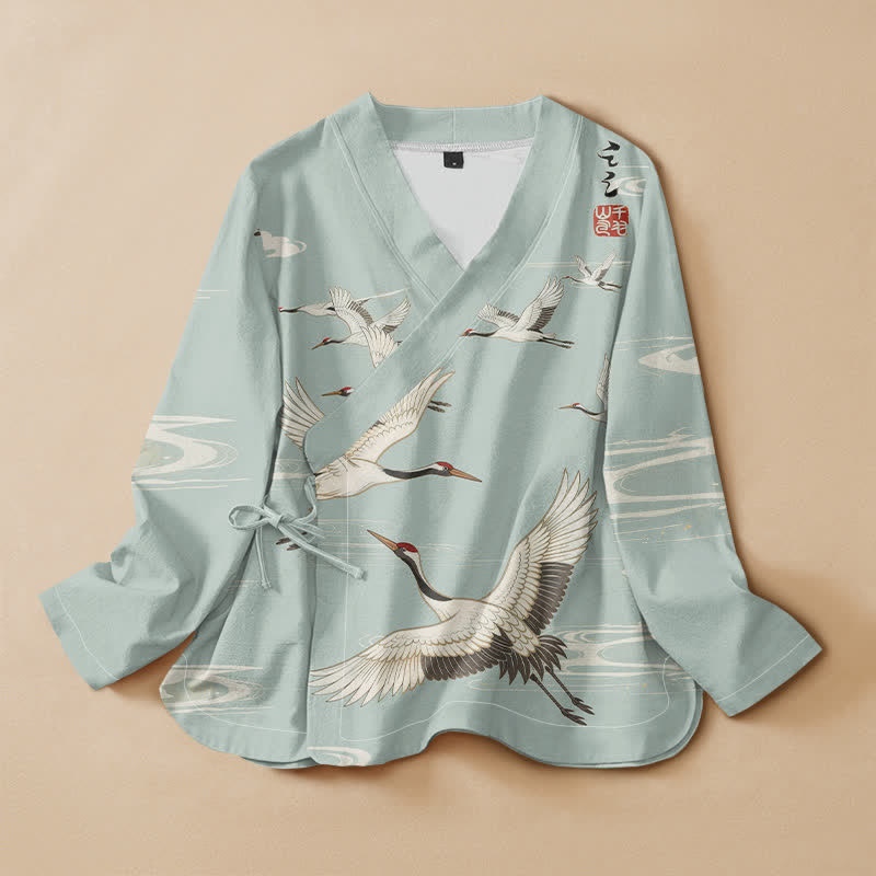 Kimono de manga larga para mujer con estampado de grullas voladoras y ondas de agua, estilo Hanfu, cuello en V y cordones, con Buddha Stones y algodón. - Turquesa pálido - US16，UK/AU20，EU48 (3XL) - image 0