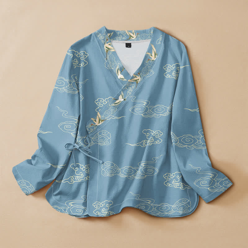 Kimono de manga larga para mujer con estampado de grullas en las nubes, estilo Hanfu, cuello en V y cordones, de algodón con Buddha Stones. - Azul claro - US16，UK/AU20，EU48 (3XL) - image 0