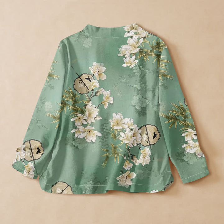 Camisa de manga larga estilo Hanfu con cuello en V y cordones, de algodón, con estampado de magnolias y bambú, estilo kimono, con Buddha Stones y magnolias. - image 1