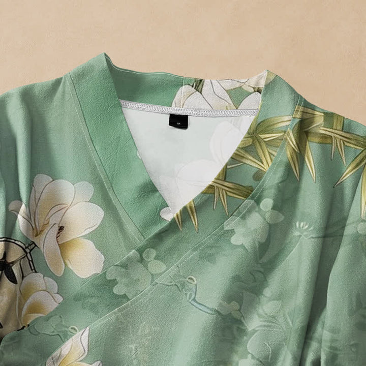 Camisa de manga larga estilo Hanfu con cuello en V y cordones, de algodón, con estampado de magnolias y bambú, estilo kimono, con Buddha Stones y magnolias. - image 2