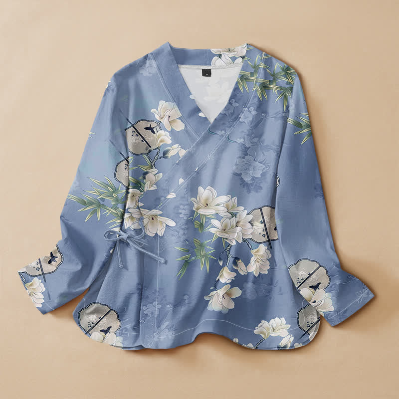 Buddha Stones Camisa de manga larga para mujer estilo Hanfu con cuello en V y cordones, estampado de bambú y magnolia de algodón. - image 6