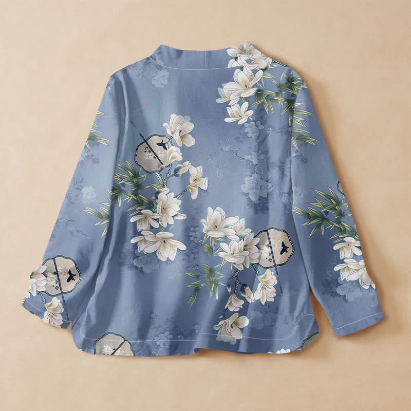 Camisa de manga larga estilo Hanfu con cuello en V y cordones, de algodón, con estampado de magnolias y bambú, estilo kimono, con Buddha Stones y magnolias. - image 6