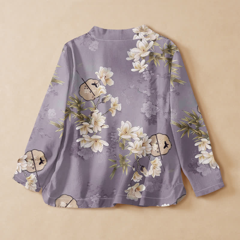 Camisa de manga larga estilo Hanfu con cuello en V y cordones, de algodón, con estampado de magnolias y bambú, estilo kimono, con Buddha Stones y magnolias. - image 8