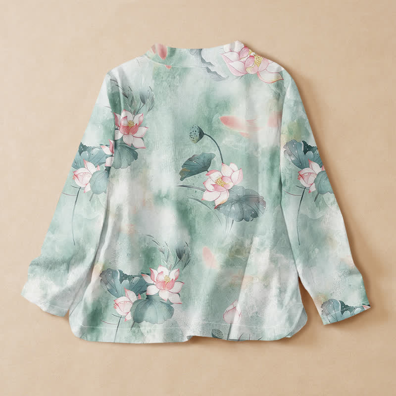 Buddha Stones Camisas de manga larga para mujer estilo Hanfu con cuello en V y cordones, de algodón y estampado de flor de loto. - image 1