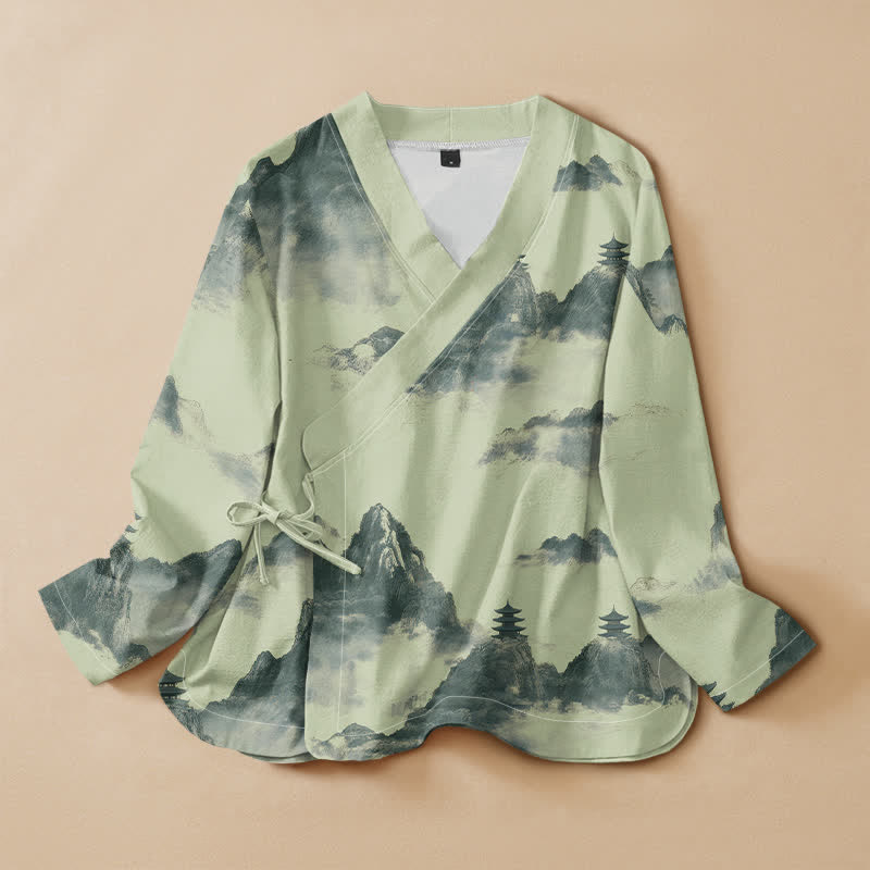 Buddha Stones Camisas de manga larga para mujer estilo Hanfu con cuello en V y cordones, estampadas con paisaje de pagoda y tinta de algodón. - Verde pálido - US16，UK/AU20，EU48 (3XL) - image 0