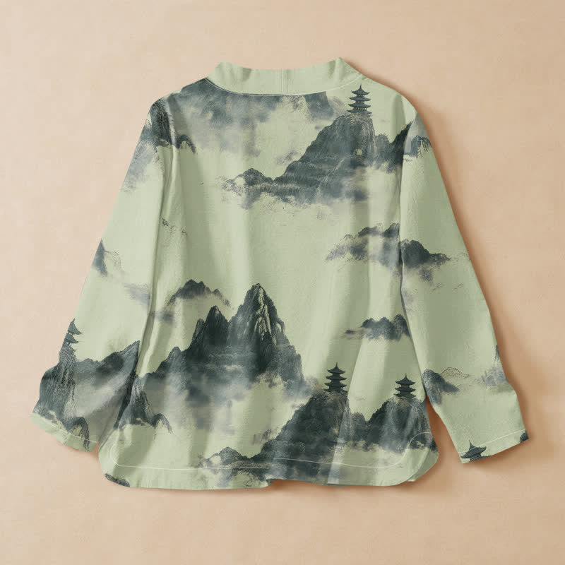 Buddha Stones Camisas de manga larga para mujer estilo Hanfu con cuello en V y cordones, estampadas con paisaje de pagoda y tinta de algodón. - image 1