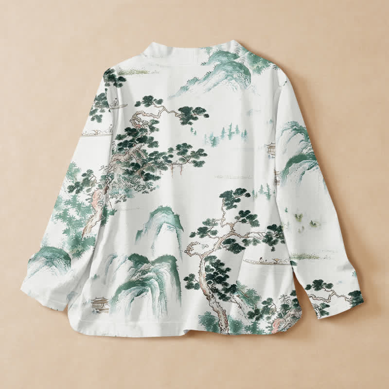 Kimono de manga larga para mujer con estampado de paisaje de pinos y piedras de Buddha Stones, estilo Hanfu, cuello en V y cordones. - image 1