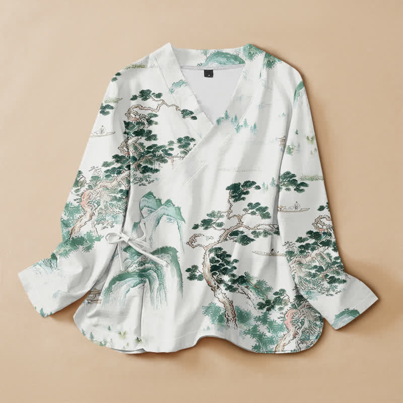 Kimono de manga larga para mujer con estampado de paisaje de pinos y piedras de Buddha Stones, estilo Hanfu, cuello en V y cordones. - Gotas de miel - US16，UK/AU20，EU48 (3XL) - image 0