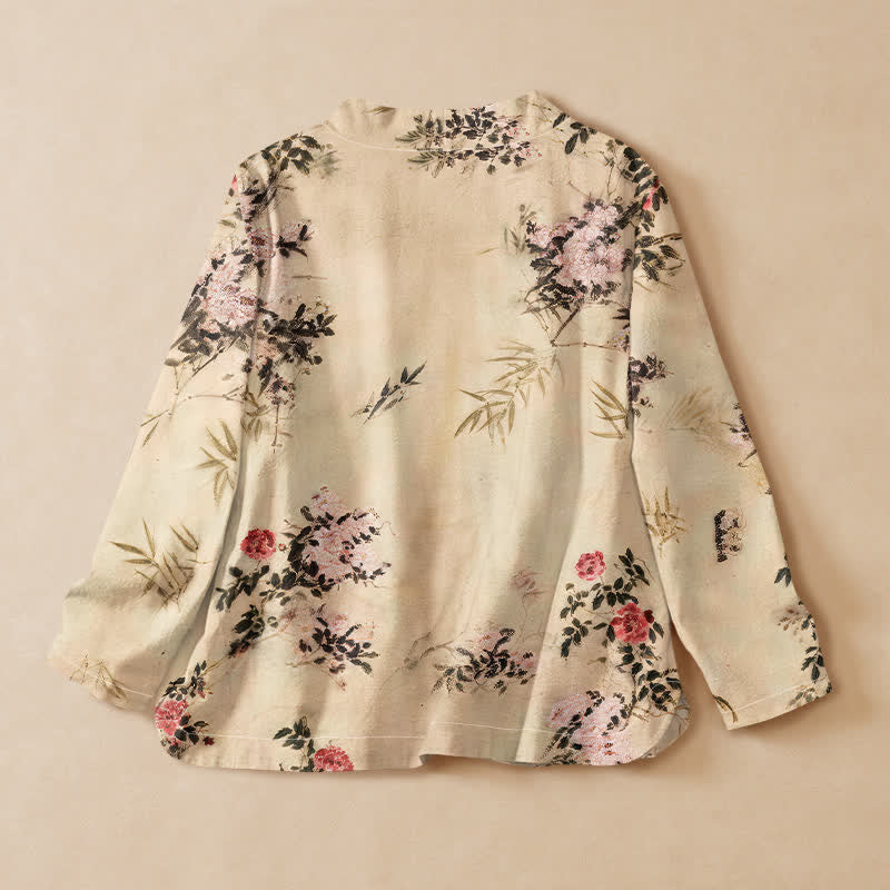 Kimono de manga larga para mujer con estampado de flores de bambú y Buddha Stones, estilo Hanfu, cuello en V y cordones. - image 1