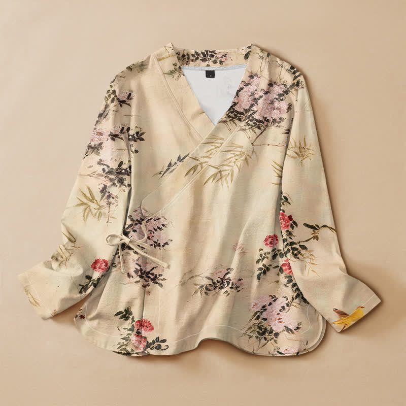 Kimono de manga larga para mujer con estampado de flores de bambú y Buddha Stones, estilo Hanfu, cuello en V y cordones. - Beige - US16，UK/AU20，EU48 (3XL) - image 0