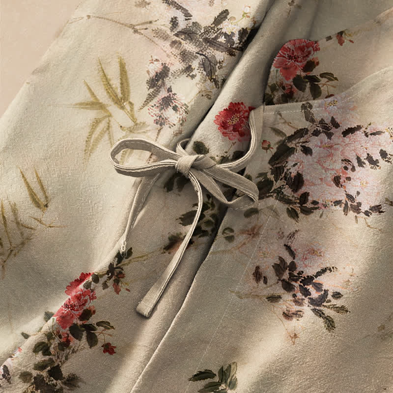 Kimono de manga larga para mujer con estampado de flores de bambú y Buddha Stones, estilo Hanfu, cuello en V y cordones. - image 3