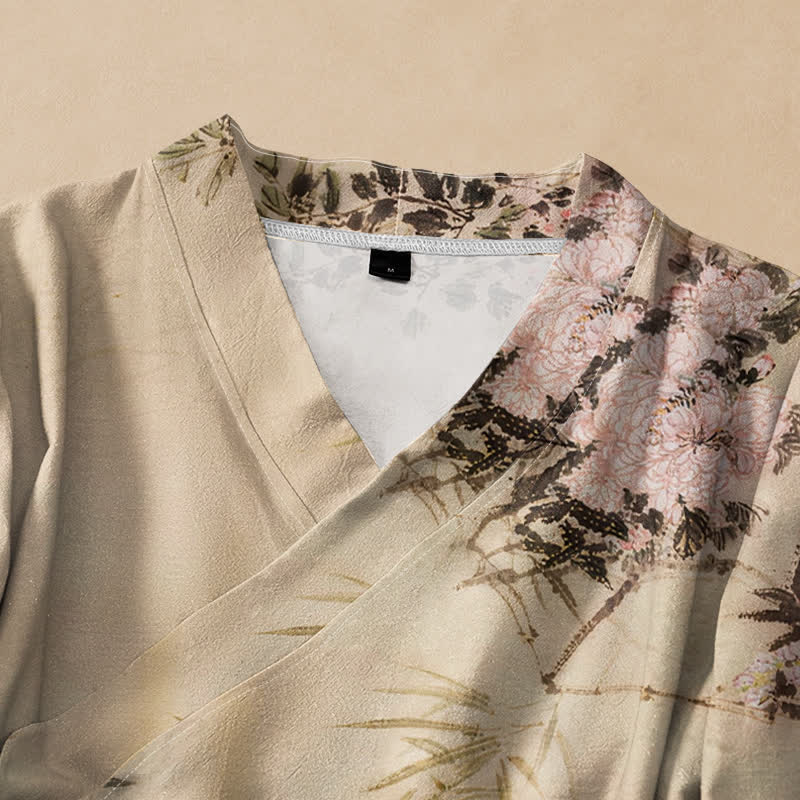 Kimono de manga larga para mujer con estampado de flores de bambú y Buddha Stones, estilo Hanfu, cuello en V y cordones. - image 2