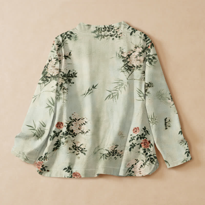 Kimono de manga larga para mujer con estampado de flores de bambú y Buddha Stones, estilo Hanfu, cuello en V y cordones. - image 6