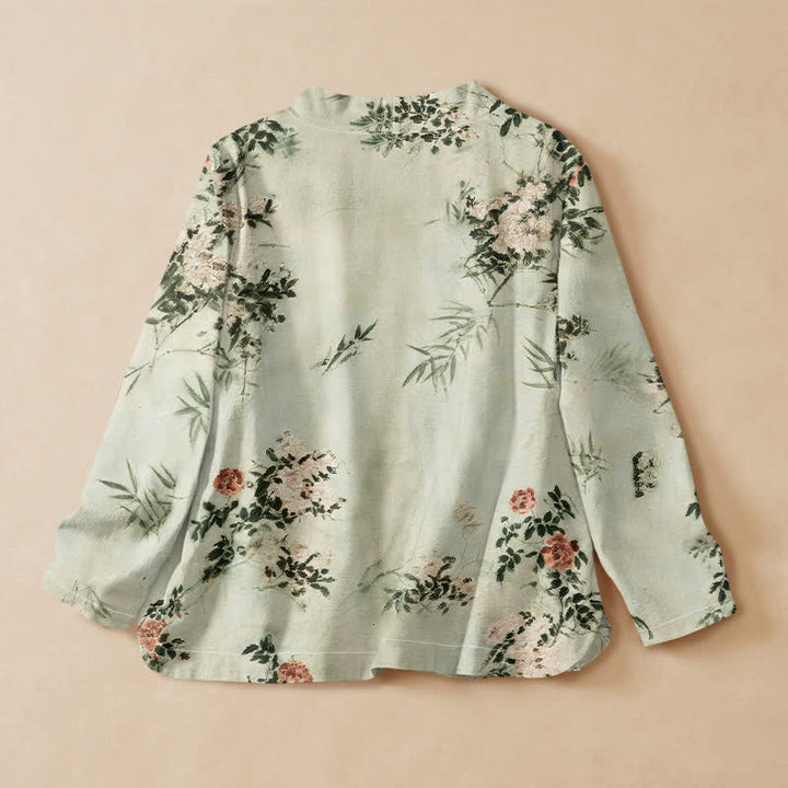 Kimono de manga larga para mujer con estampado de flores de bambú y Buddha Stones, estilo Hanfu, cuello en V y cordones. - image 6