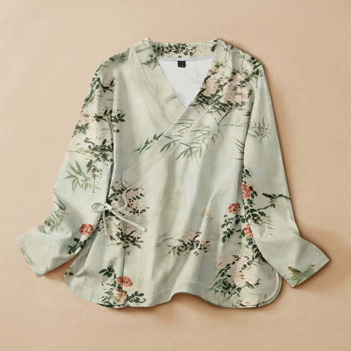 Kimono de manga larga para mujer con estampado de flores de bambú y Buddha Stones, estilo Hanfu, cuello en V y cordones. - Crema de menta - US16，UK/AU20，EU48 (3XL) - image 5