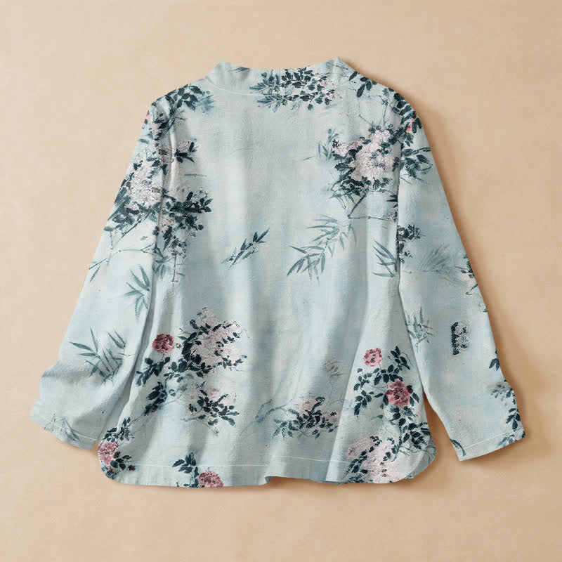 Kimono de manga larga para mujer con estampado de flores de bambú y Buddha Stones, estilo Hanfu, cuello en V y cordones. - image 8