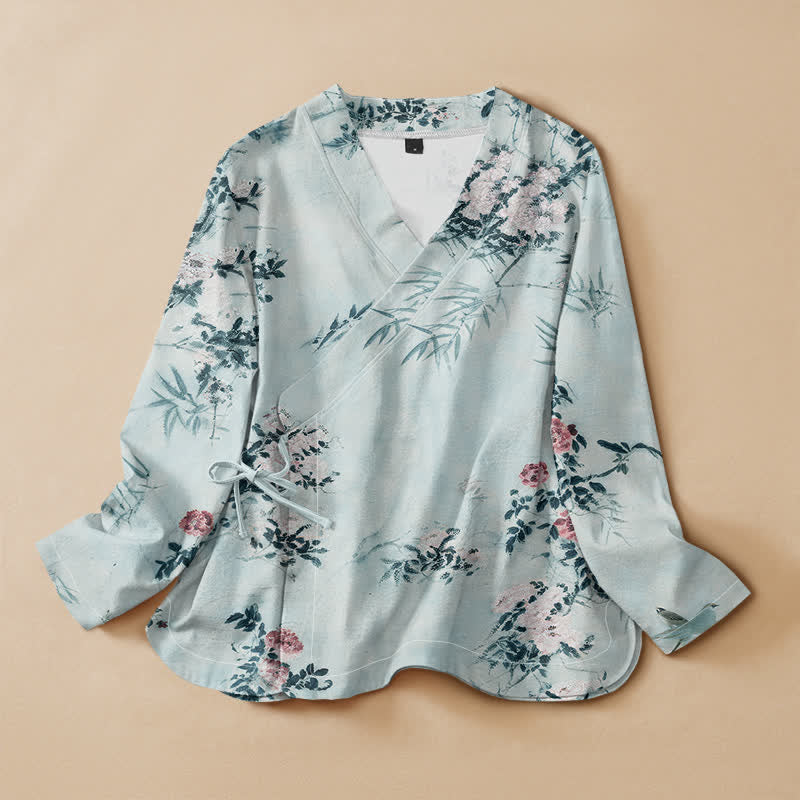 Kimono de manga larga para mujer con estampado de flores de bambú y Buddha Stones, estilo Hanfu, cuello en V y cordones. - Turquesa pálido - US16，UK/AU20，EU48 (3XL) - image 7