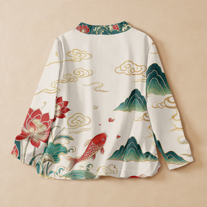Kimono de manga larga para mujer con cuello en V y cordones, estampado de nubes de loto y koi, Buddha Stones, algodón. - image 1