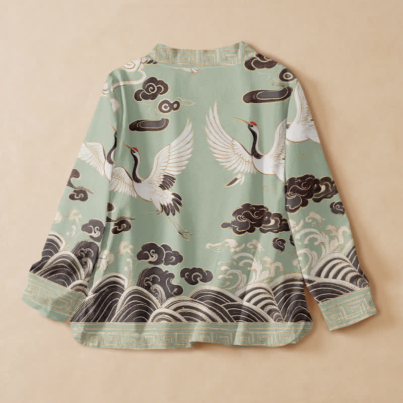 Buddha Stones Camisa de manga larga estilo Hanfu con cuello en V y cordones, de algodón, con estampado de grullas, nubes y olas. - image 1