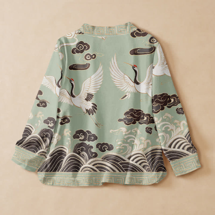 Buddha Stones Camisa de manga larga estilo Hanfu con cuello en V y cordones, de algodón, con estampado de grullas, nubes y olas. - image 1
