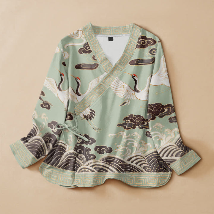 Buddha Stones Camisa de manga larga estilo Hanfu con cuello en V y cordones, de algodón, con estampado de grullas, nubes y olas. - Verde pálido - US16，UK/AU20，EU48 (3XL) - image 0